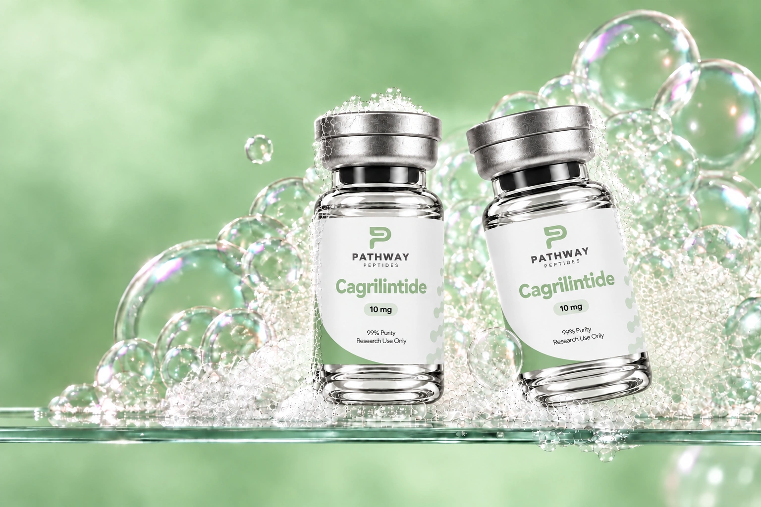 Two Pathway Cagrilintide 10 mg vials surrounded by clear bubbles against a soft green background
